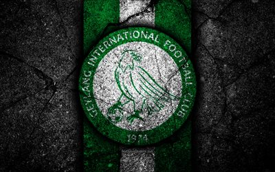 4k, Geylang International FC, emblem, Singapore Premier League, black stone, soccer, Asia, football club, Singapore, logo, Geylang International, asphalt texture, FC Geylang International
