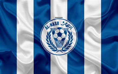 Al-Nasr Dubai SC, 4k, logo, white blue silk flag, emblem, silk texture, emirate football club, UAE League, Dubai, United Arab Emirates, football