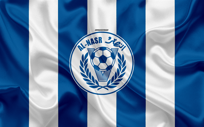 Al-Nasr SC Dubai, 4k, logo, valkoinen sininen silkki lippu, tunnus, silkki tekstuuri, emiirikunta football club, UAE League, Dubai, Yhdistyneet Arabiemiirikunnat, jalkapallo