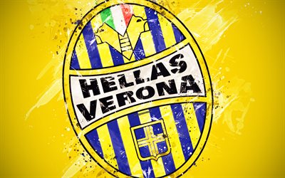 هيلاس فيرونا FC, 4k, الطلاء الفن, الإبداعية, شعار, الإيطالي لكرة القدم, دوري الدرجة الثانية, خلفية صفراء, أسلوب الجرونج, فيرونا, إيطاليا, كرة القدم