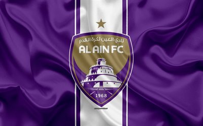 Al Ain FC, 4k, logo, seta viola bandiera, emblema, seta, texture, emirato football club, UAE League, Al Ain, Abu Dhabi, Emirati Arabi Uniti, il calcio