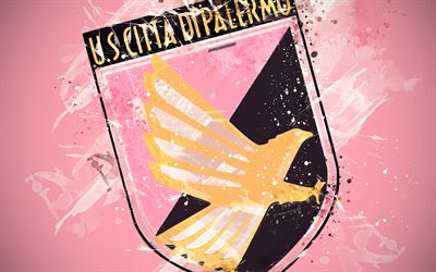 US Palermo, 4k, paint art, creative, logo, Italian football team, Serie B, emblem, pink background, grunge style, Palermo, Italy, football, Palermo FC