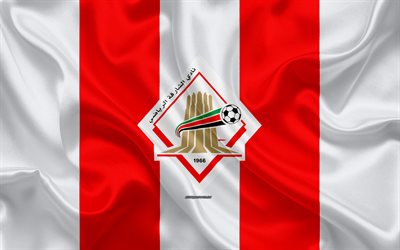 Al Sharjah SCC, 4k, logo, red white silk flag, emblem, silk texture, emirate football club, UAE League, Sharjah, United Arab Emirates, football