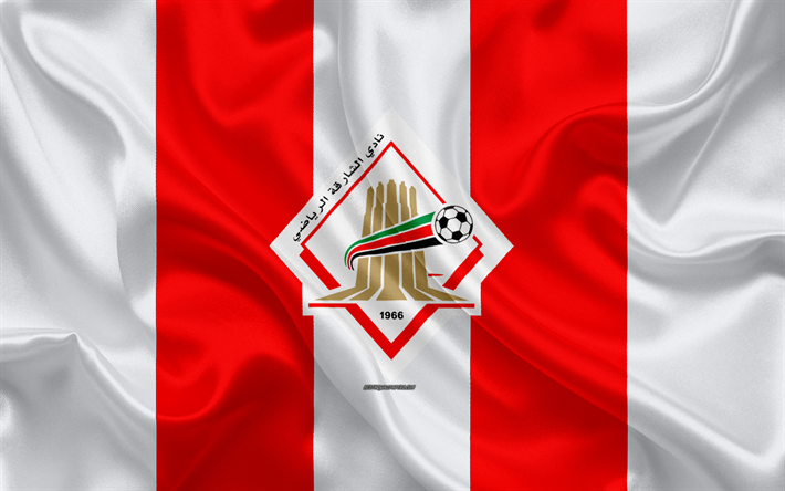 Al Sharjah CSC, 4k, logo, rouge, blanc soie du drapeau, de l&#39;embl&#232;me, soie, texture, l&#39;&#233;mirat du club de football, Ligue EMIRATS arabes unis, Sharjah, Emirats Arabes Unis, le football