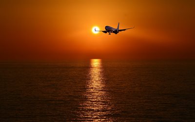 aerei passeggeri, tramonto, cielo, mare, aereo di linea, aereo passeggeri trasporto aereo concetti