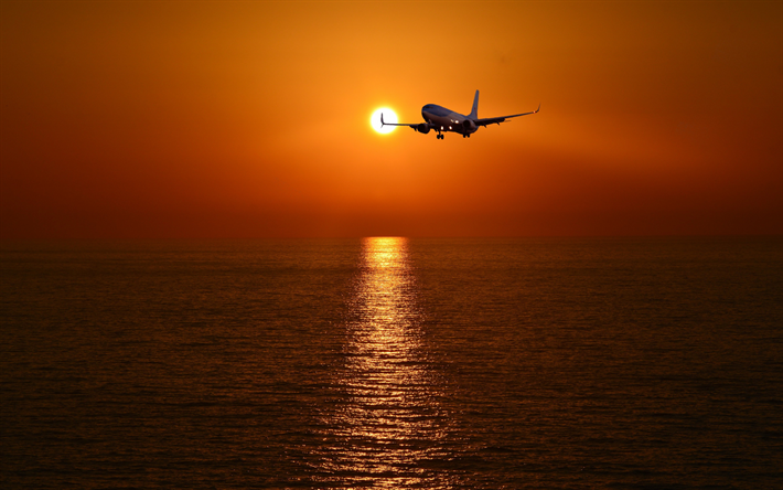 passenger aircraft, sunset, sky, seascape, airliner, passenger air transportation, air travel concepts