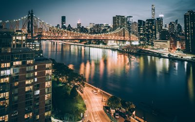 Queensboro bridge, nueva york, paisajes nocturnos, Nueva York, estados UNIDOS, Am&#233;rica