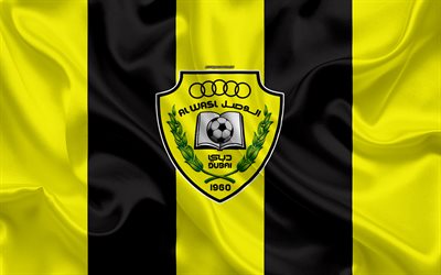 Al Wasl FC, 4k, logo, yellow black silk flag, emblem, silk texture, emirate football club, UAE League, Dubai, United Arab Emirates, football