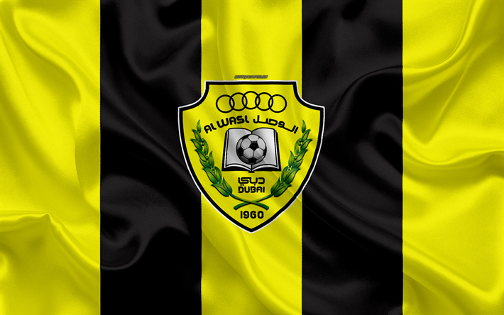 Al Wasl FC, 4k, logo, yellow black silk flag, emblem, silk texture, emirate football club, UAE League, Dubai, United Arab Emirates, football
