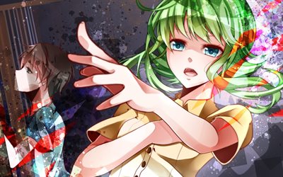 Gumi, verde, capelli, Megpoid, manga, arte, Vocaloid