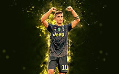 4k, Paulo Dybala, nero uniforme, arte astratta, Juventus, calcio, Serie A, Dybala, luci al neon, i calciatori della Juventus FC, creative