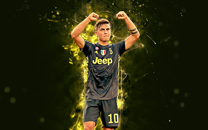 4k, Paulo Dybala, svart uniform, abstrakt konst, Juventus, fotboll, Serie A, Dybala, neon lights, fotbollsspelare, Juventus FC, kreativa