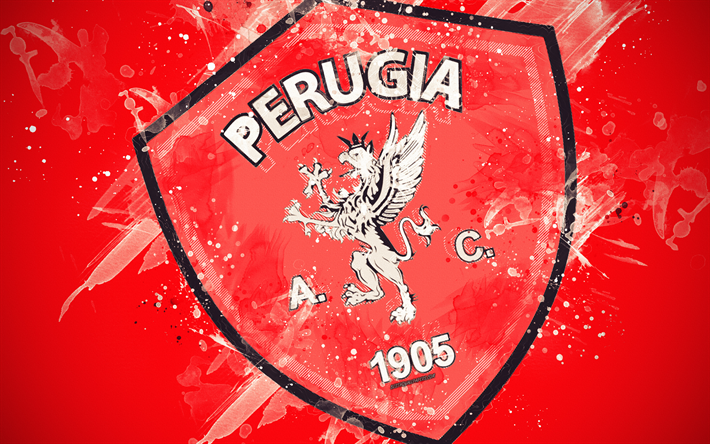 AC Perugia Calcio, 4k, m&#229;la konst, kreativa, logotyp, Italiensk fotboll, Serie B, emblem, r&#246;d bakgrund, grunge stil, Perugia, Italien, fotboll, Perugia FC