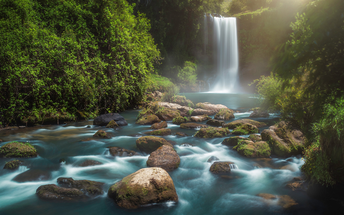 vattenfall, gr&#246;na skogen, sommar, kv&#228;ll, sunset, river, vackra vattenfall, milj&#246;, ekologi, Jorden