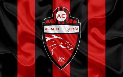 Shabab Al-Ahli Dubai FC, 4k, logo, red black silk flag, emblem, silk texture, emirate football club, UAE League, Dubai, United Arab Emirates, football