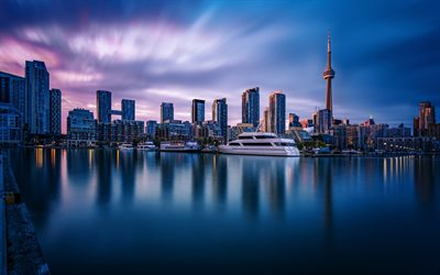 Toronto, aterro, CN Tower, manh&#227;, edif&#237;cios modernos, Ont&#225;rio, Canada