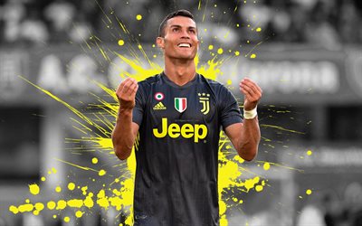 Cristiano Ronaldo, 4k, grunge, CR7 Juve, black uniform, Juventus, soccer, Serie A, Ronaldo, CR7, creative, match, footballers, Juventus FC, Bianconeri