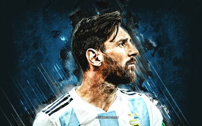 Lionel Messi, portre, Arjantin milli futbol takımı, Leo Messi, Arjantin, futbol, mavi taş zemin