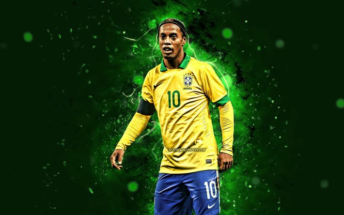 Ronaldinho, 4k, Brazil National Team, soccer, footballers, neon lights, football legends, Ronaldo de Assis Moreira, Brazilian football team, Ronaldinho 4K