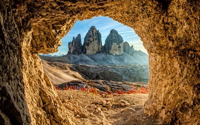 Download wallpapers Drei Zinnen, cave, Tre Cime Lavaredo, italian landmarks, Dolomites, Europe, Italy, beautiful nature for desktop free. Pictures desktop free