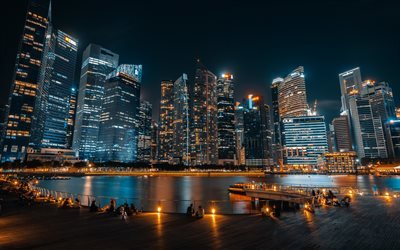 Singapour, nuit, gratte-ciel, centres d&#39;affaires, b&#226;timents modernes, paysage urbain de Singapour, Asie