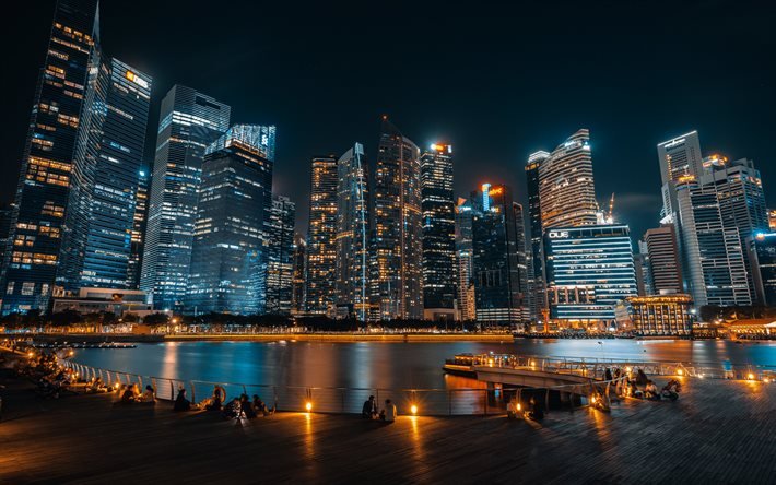 Singapur, gece, g&#246;kdelenler, iş merkezleri, modern binalar, Singapur şehir manzarası, Asya