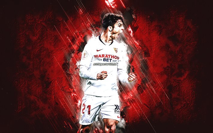Oliver Torres, Sevilla FC, Spanish footballer, midfielder, red stone background, La Liga, Europa League, football