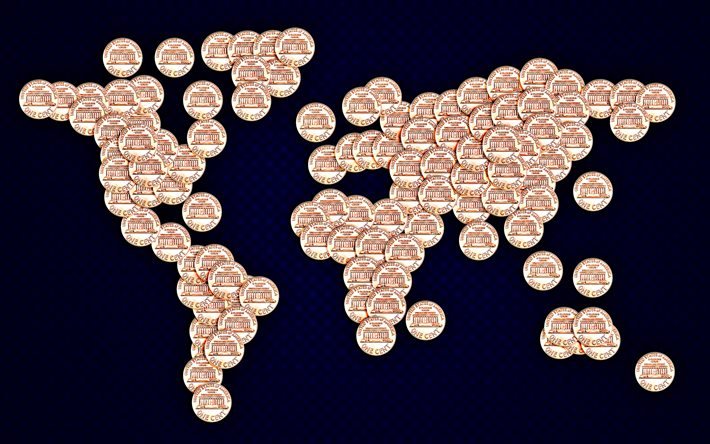 mapa mundial de monedas, conceptos del mapa mundial, centavos americanos, d&#243;lares, mapa mundial de centavos