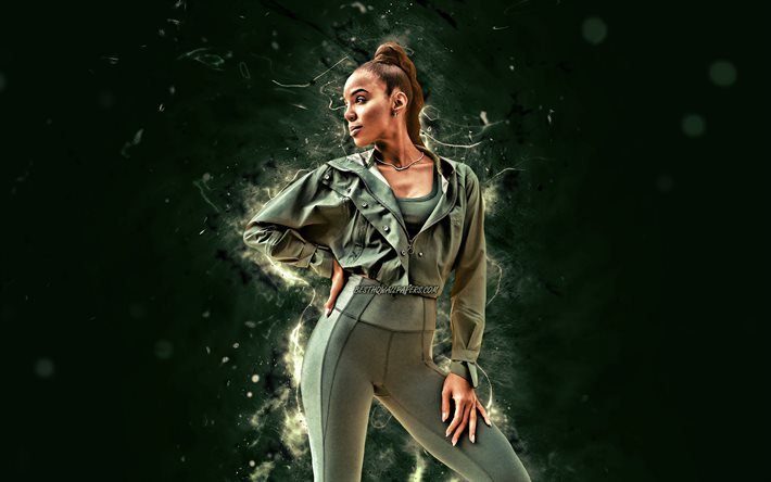 Kelly Rowland, 4K, yeşil neon ışıklar, Amerikalı şarkıcı, m&#252;zik yıldızları, Kelendria Trene Rowland, Amerikalı &#252;nl&#252;, Kelly Rowland 4K