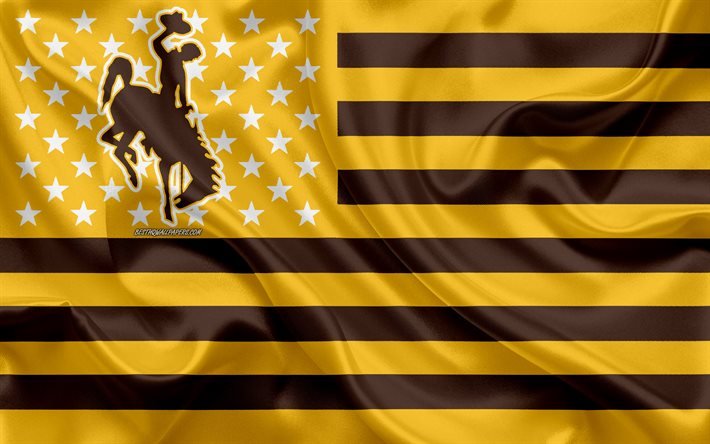 Wyoming Cowboys, equipo de f&#250;tbol americano, bandera americana creativa, bandera amarillo-marr&#243;n, NCAA, Laramie, Wyoming, EE UU, Logotipo de Wyoming Cowboys, emblema, bandera de seda, f&#250;tbol americano