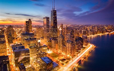 Chicago, Lago Michigan, Willis Tower, Aon Center, noche, puesta de sol, rascacielos, paisaje urbano de Chicago, horizonte, panorama de Chicago, Illinois, EE