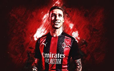 Lucas Biglia, AC Milan, argentine footballer, midfielder, portrait, red stone background, football, Serie A