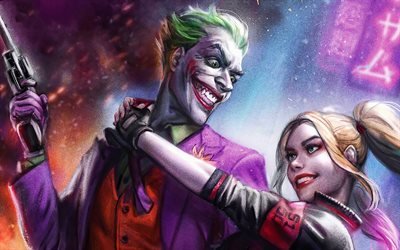 Le Joker et Harley Quinn, 4k, 3D, l&#39;art, les vilains, les DC Comics, le Joker, Harley Quinn