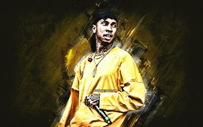 Tyga, amerikansk rappare, portr&#228;tt, gul stenbakgrund, Michael Ray Nguyen-Stevenson