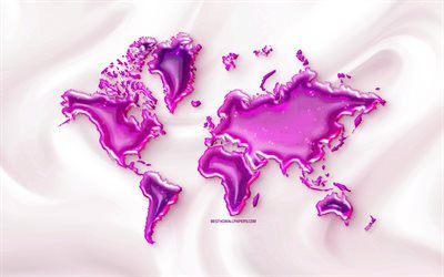 purple jelly world map, pink silk background, world map concepts, jelly, purple water world map