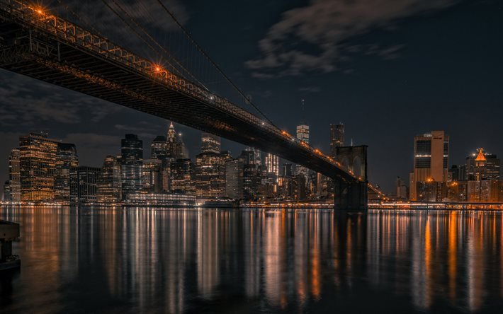 New York City, Ponte di Brooklyn, sera, notte, New York, grattacieli, Manhattan, skyline, panorama di New York, USA