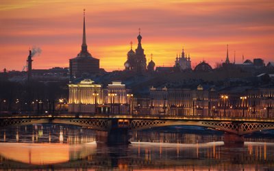 S&#227;o Petersburgo, 4k, p&#244;r do sol, paisagens urbanas, pontes, cidades russas, Europa, R&#250;ssia