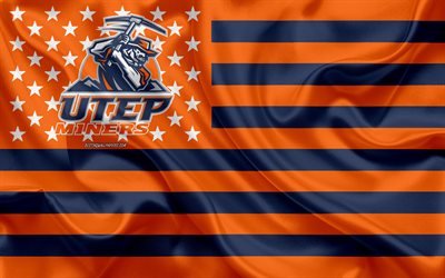 UTEP gruvarbetare, amerikansk fotbollslag, kreativ amerikansk flagga, orange-bl&#229; flagga, NCAA, El Paso, Texas, USA, UTEP gruvarbetare logotyp, emblem, sidenflagga, amerikansk fotboll