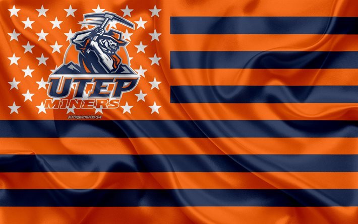 UTEP Miners, time de futebol americano, bandeira americana criativa, bandeira laranja-azul, NCAA, El Paso, Texas, EUA, logotipo do UTEP Miners, emblema, bandeira de seda, futebol americano