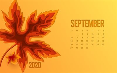 2020 September Calendar, 3d autumn leaf, orange background, September, autumn concepts, 2020 calendars, autumn, September 2020 Calendar