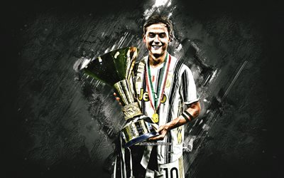 Paulo Dybala, Juventus FC, portrait, joueur de football argentin, Dybala avec coupe 2020, troph&#233;e Serie A, football