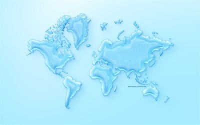 Mappa del mondo dell&#39;acqua, sfondo blu, salva l&#39;acqua, mappa del mondo delle gocce d&#39;acqua, concetti dell&#39;acqua, mappa del mondo