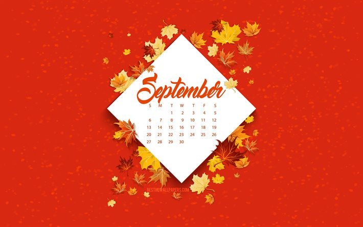 2020 September Calendar, red autumn background, autumn 2020, September 2020 Calendar, autumn, 2020, September, autumn leaves
