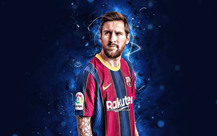 4k, Lionel Messi, 2020, FC Barcelona, UEFA Şampiyonlar Ligi, Arjantinli futbolcular, FCB, futbol yıldızları, Messi, Leo Messi, mavi neon ışıkları, Barca, futbol, LaLiga, İspanya