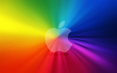 Apples logotyp, 4k, vortex, regnb&#229;ge bakgrund, kreativa, konstverk, varum&#228;rken, Apple