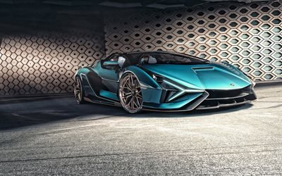2021, Lamborghini Sian Roadster, 4k, vue de face, &#224; l&#39;ext&#233;rieur, bleu supercar, bleu nouveau Sian Cabriolets, voitures de sport italiennes, supercars, Lamborghini