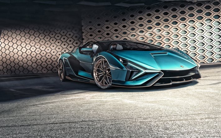 2021, Lamborghini Sian Roadster, 4k, vista de frente, exterior, azul supercar, azul nuevo Sian Roadster, los coches deportivos italianos, supercars, Lamborghini