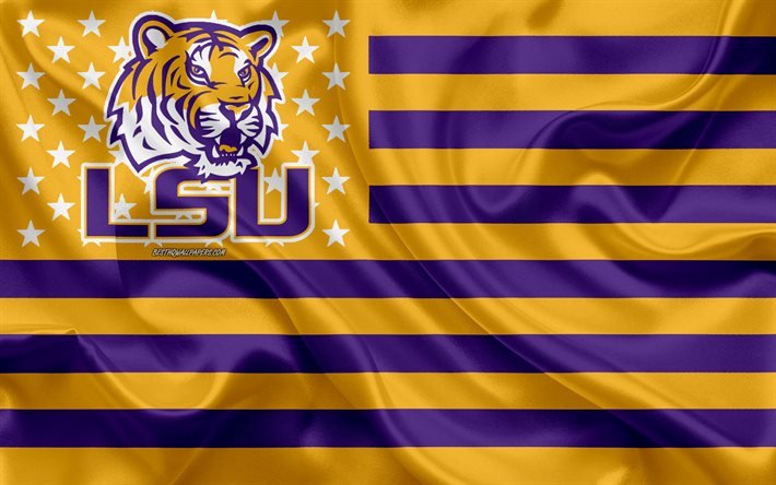 LSU Tigers, American football team, creative American flag, yellow-purple flag, NCAA, Baton Rouge, Louisiana, USA, LSU Tigers logo, emblem, silk flag, American football, Louisiana State University