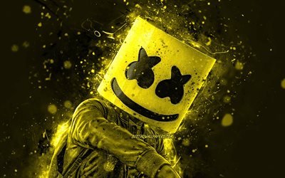 DJ Marshmello, クリストファー-Comstock, 4K, 黄色のネオン, アメリカのDJ, superstars, 音楽星, Marshmello4K, 作品, 紫色の背景, 創造, Marshmello, Dj