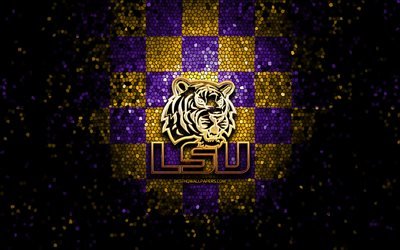 LSU Tigers, glitter logo, NCAA, violet yellow checkered background, USA, american football team, LSU Tigers logo, mosaic art, american football, America, Louisiana State University